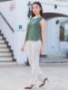 Ảnh của Set linen quần be kem ống và áo nút 2 sườn xanh lá đậm