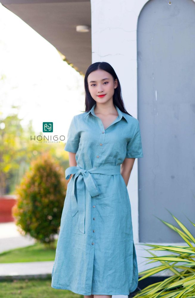 đầm sơ mi tay ngắn xanh vỏ đậu