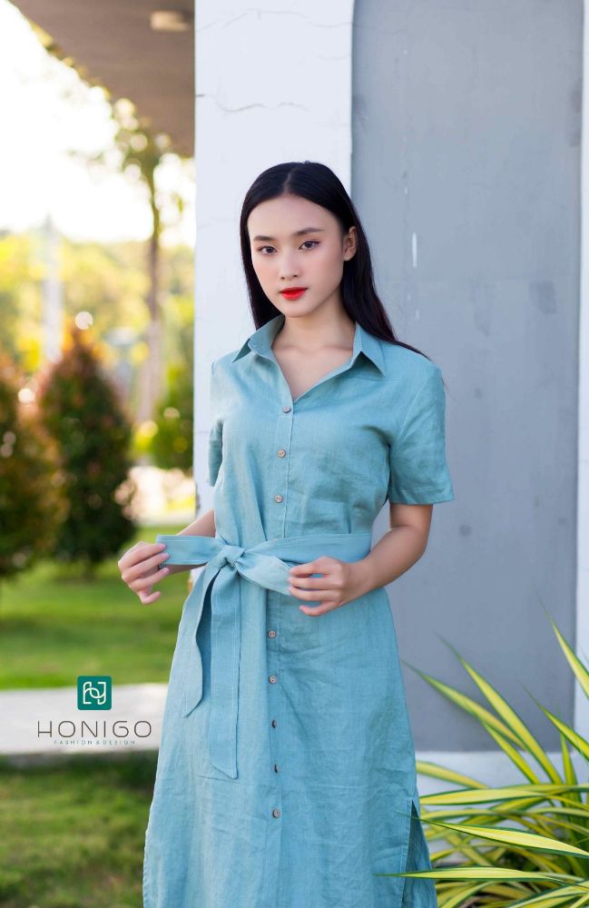 đầm sơ mi tay ngắn xanh vỏ đậu