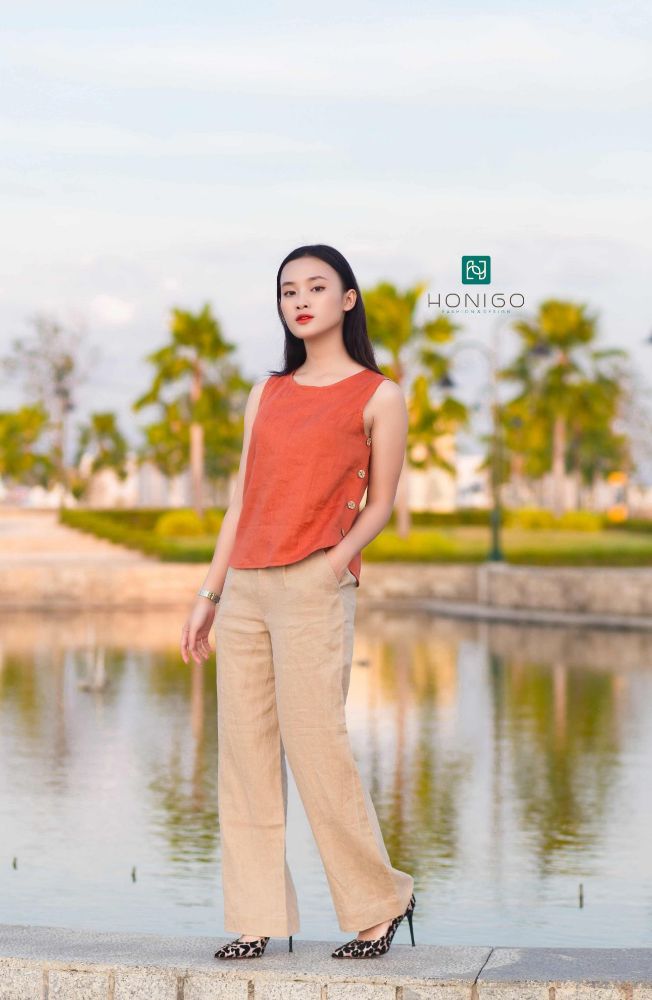 set linen quần be gừng ống rộng áo nút 2 sườn cam cháy